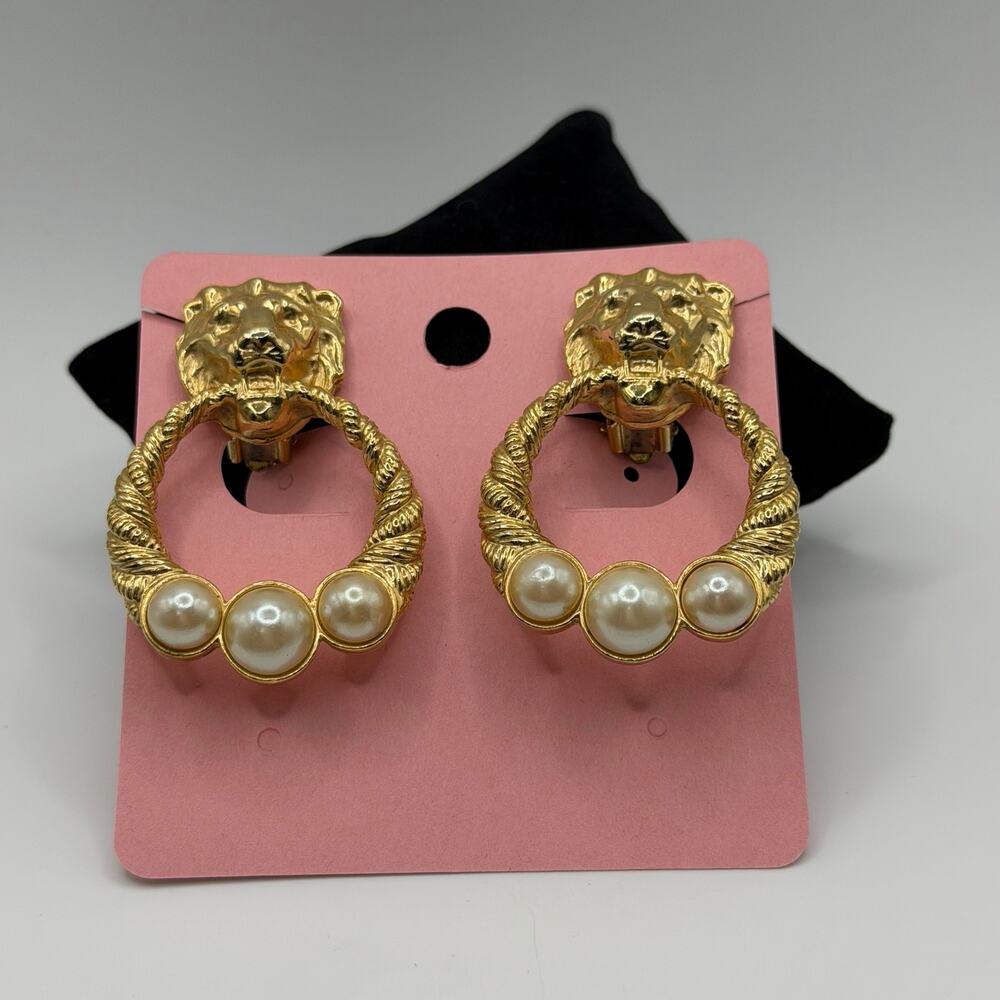 Vintage Gold Lion Head Door Knocker Pearl Earrings Clip On 80s Statement